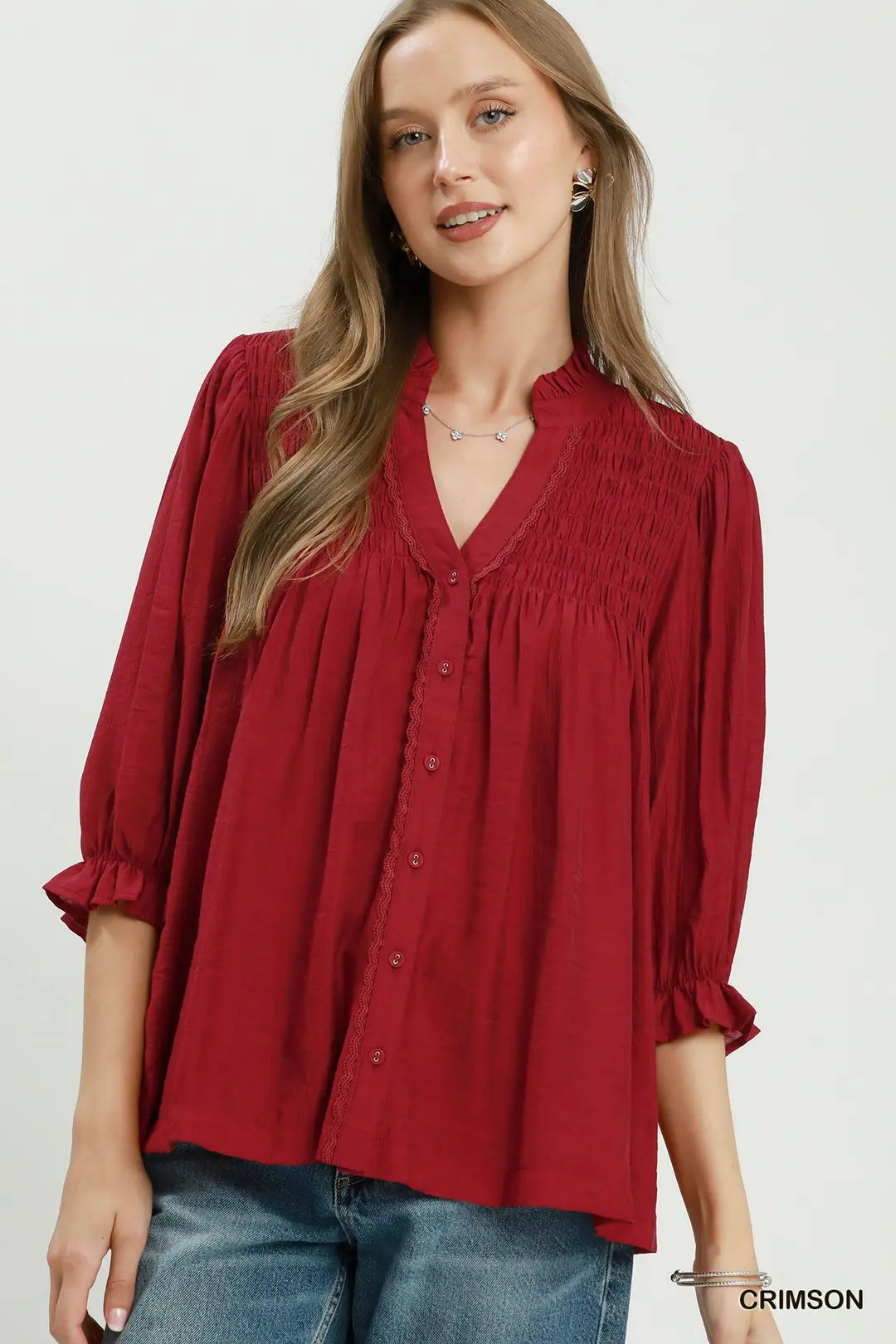 UMGEE Smocked Yoke Button Front Top In Crimson *COMING SOON*