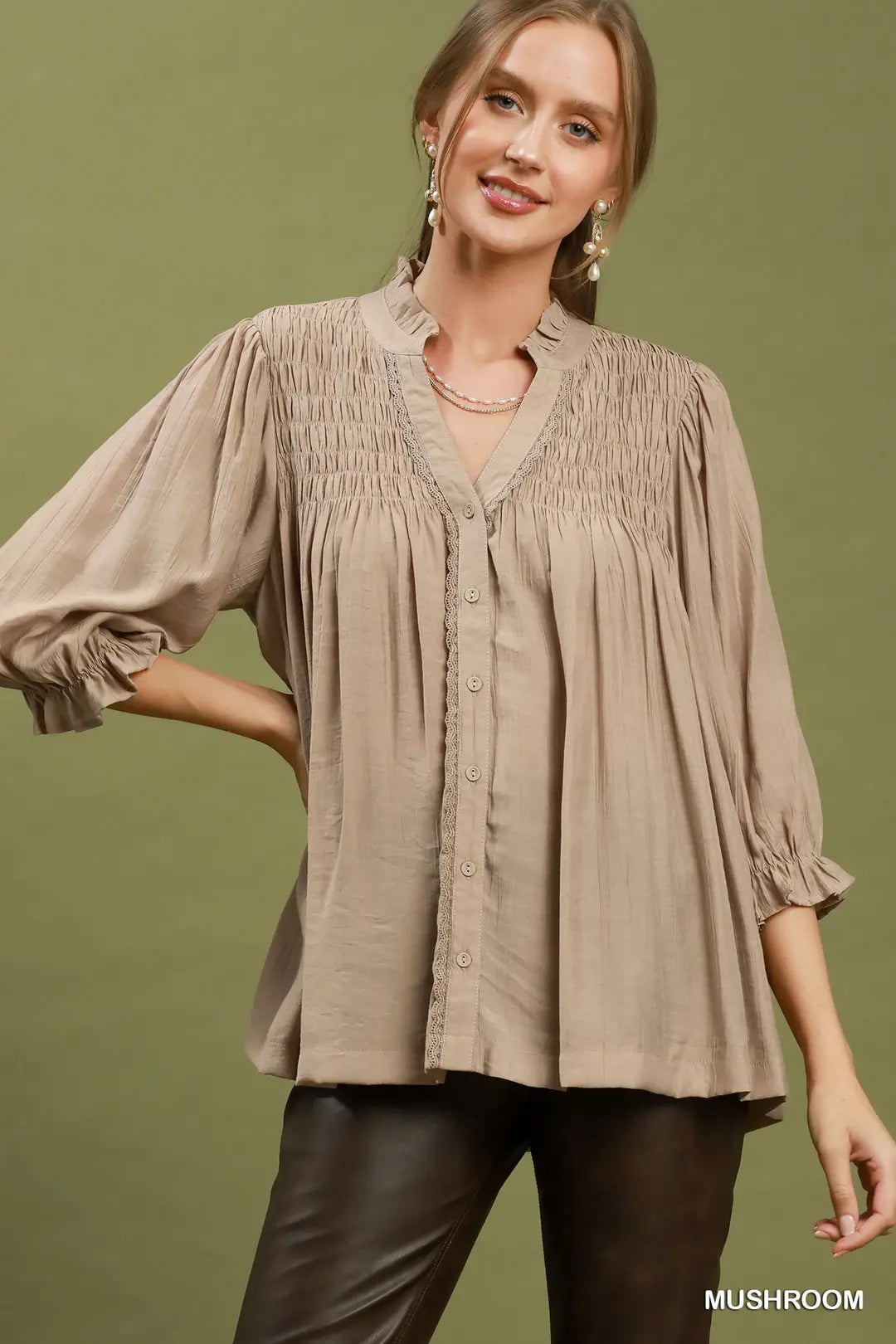 UMGEE Smocked Yoke Button Front Top In Mushroom