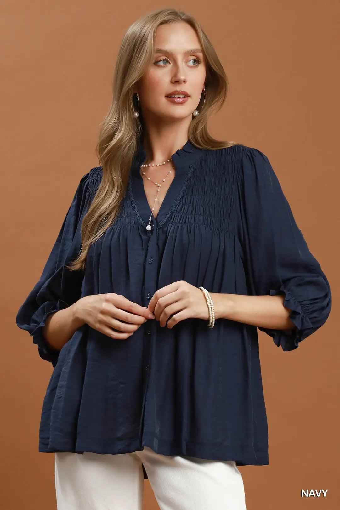 UMGEE Smocked Yoke Button Front Top In Navy