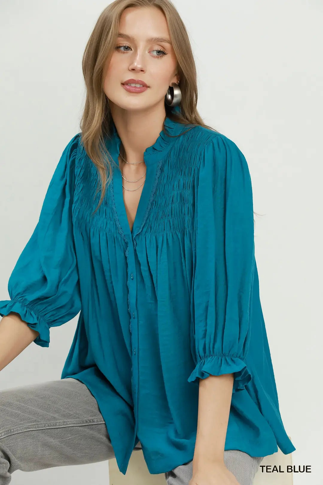 UMGEE Smocked Yoke Button Front Top In Teal