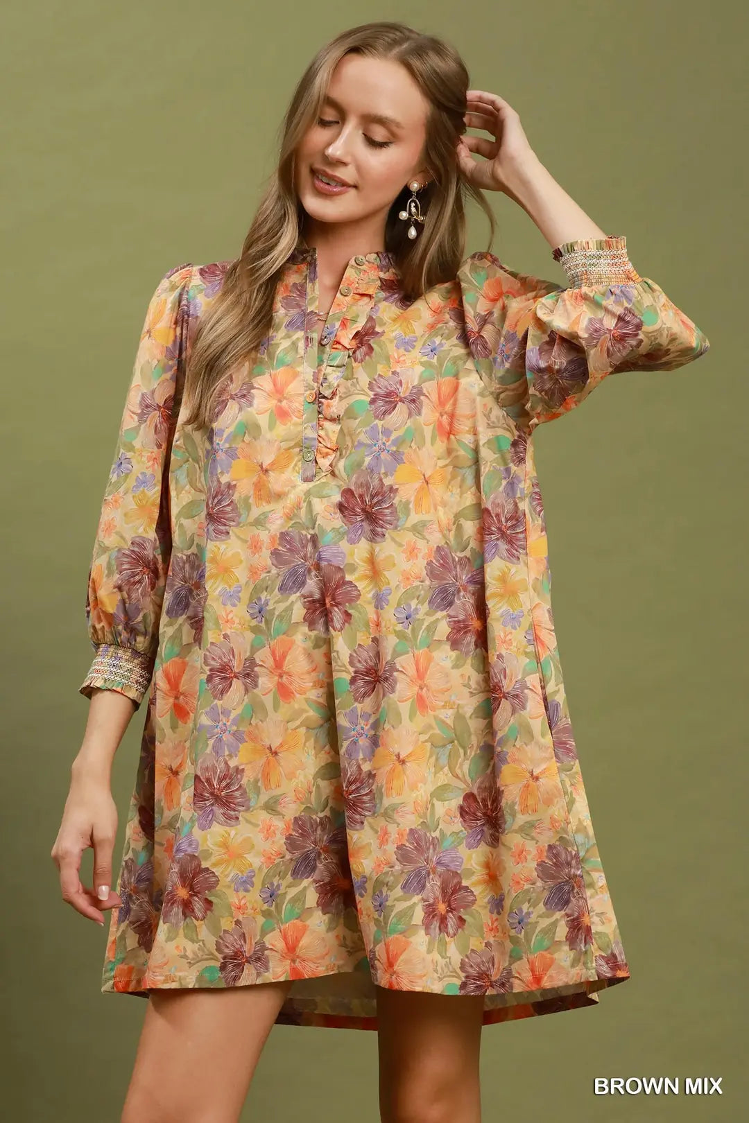UMGEE Floral Print Smocked Cuff Mini Dress In Brown