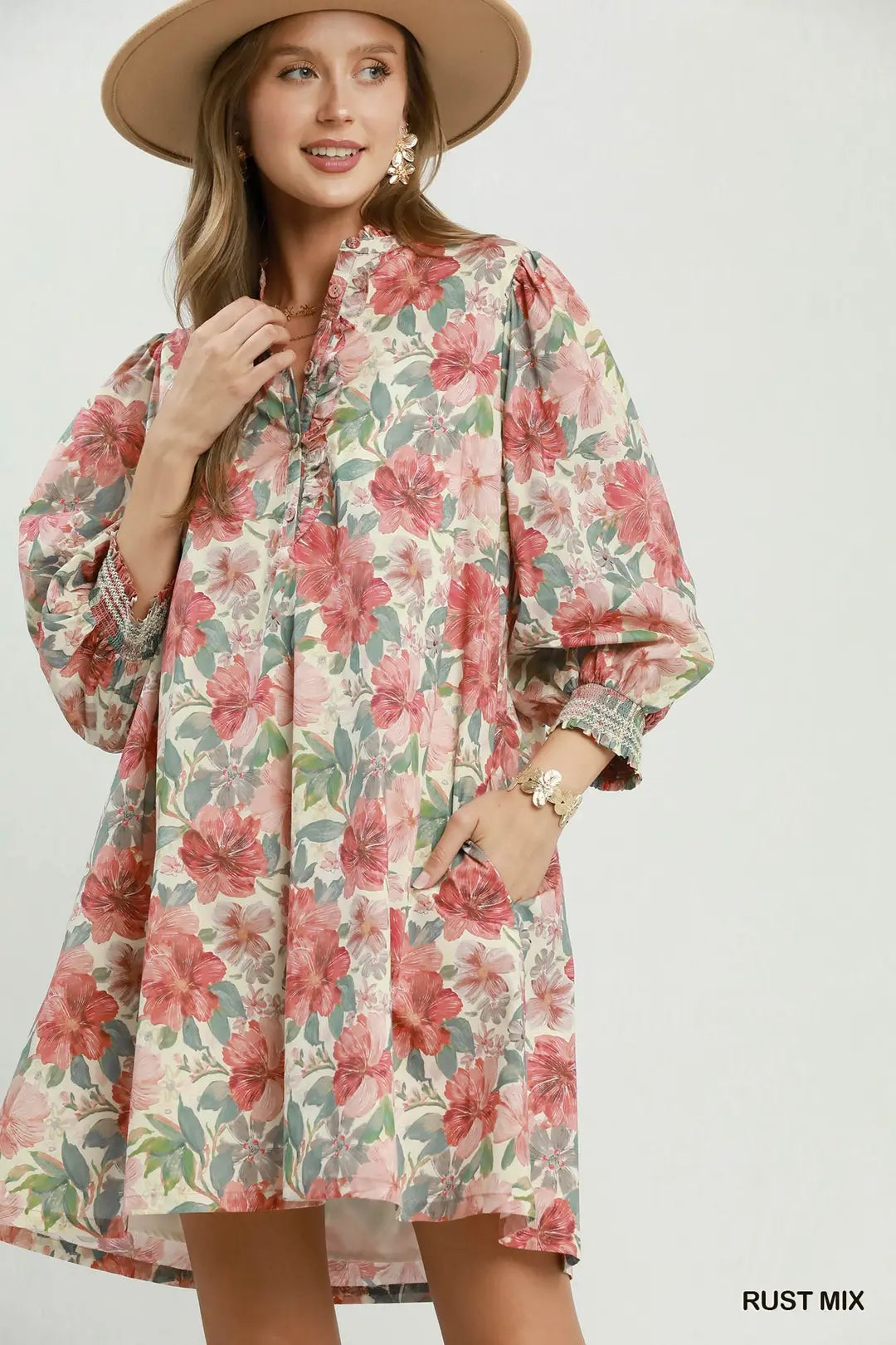UMGEE Floral Print Smocked Cuff Mini Dress In Rust