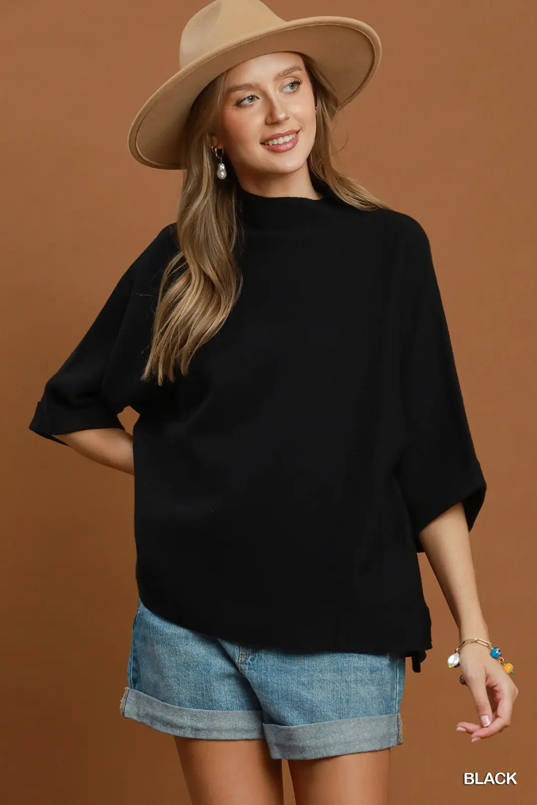 UMGEE Mock Neck Dolman Sleeve Top In Black