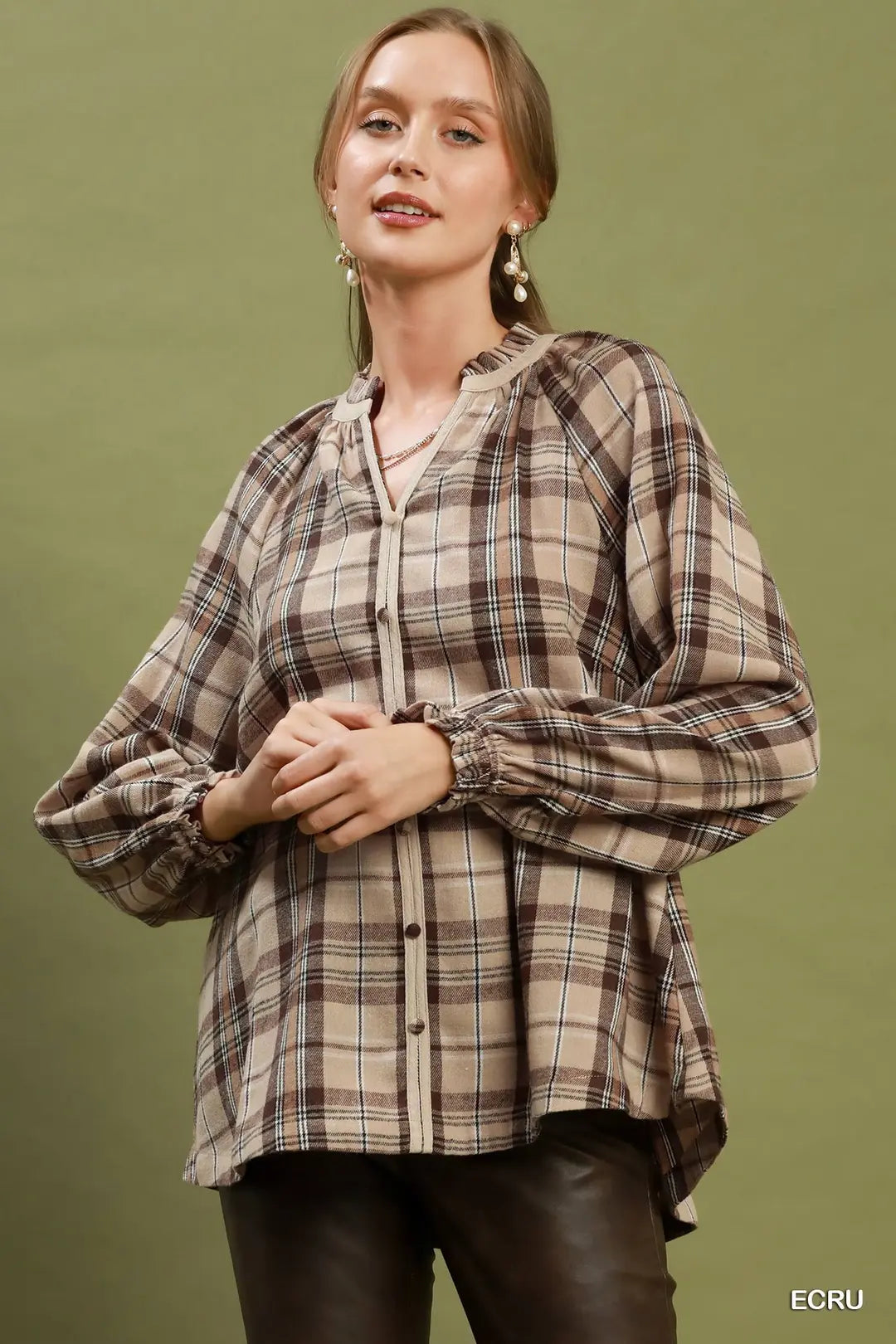 UMGEE Plaid Button Down Long Sleeve Top in Ecru