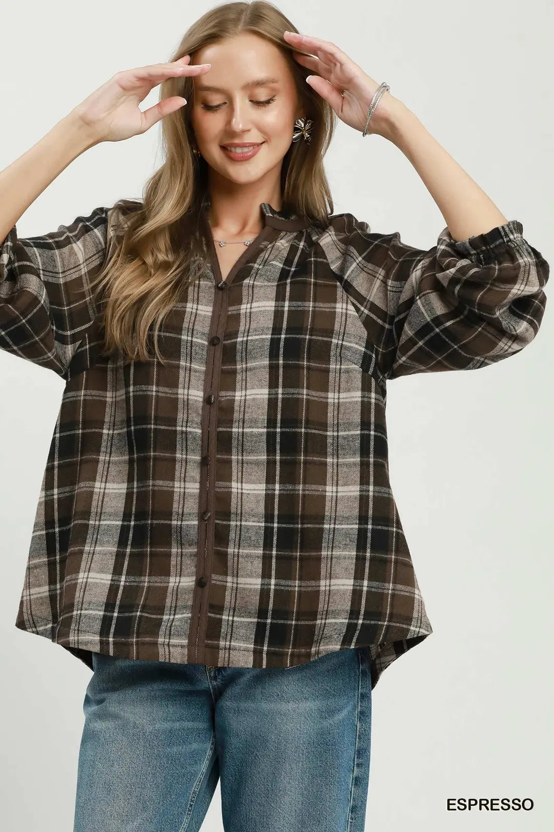 UMGEE Plaid Button Down Long Sleeve Top in Espresso