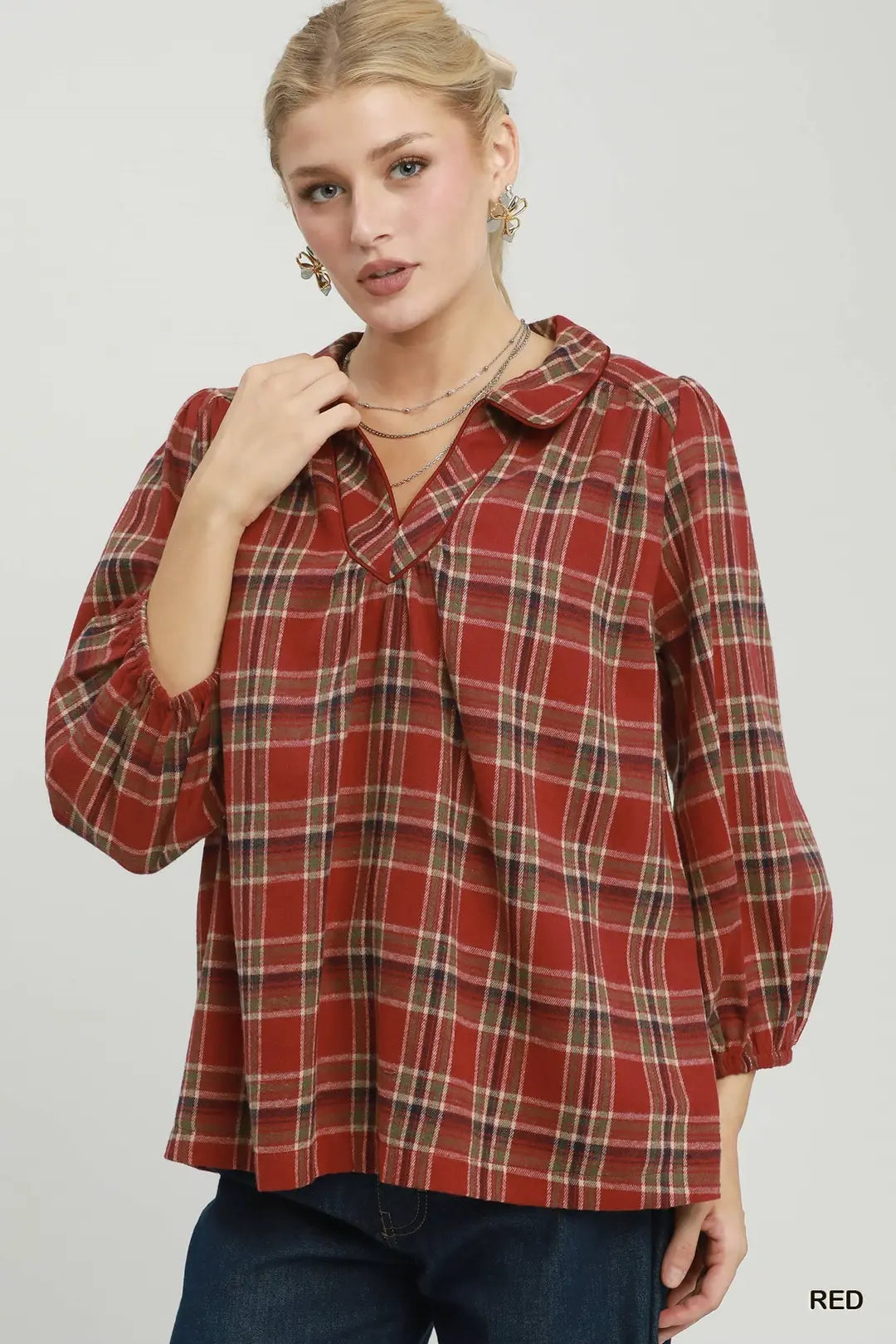 UMGEE Plaid Split Neck Top With Puff Sleeves In Red