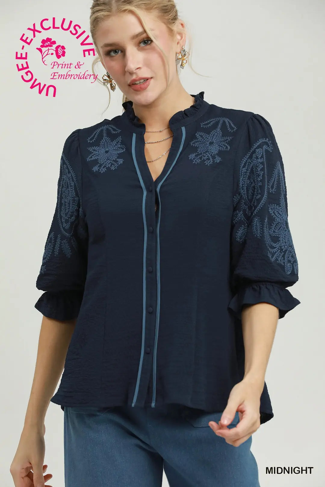 UMGEE Embroidered Ruffle Top In Midnight