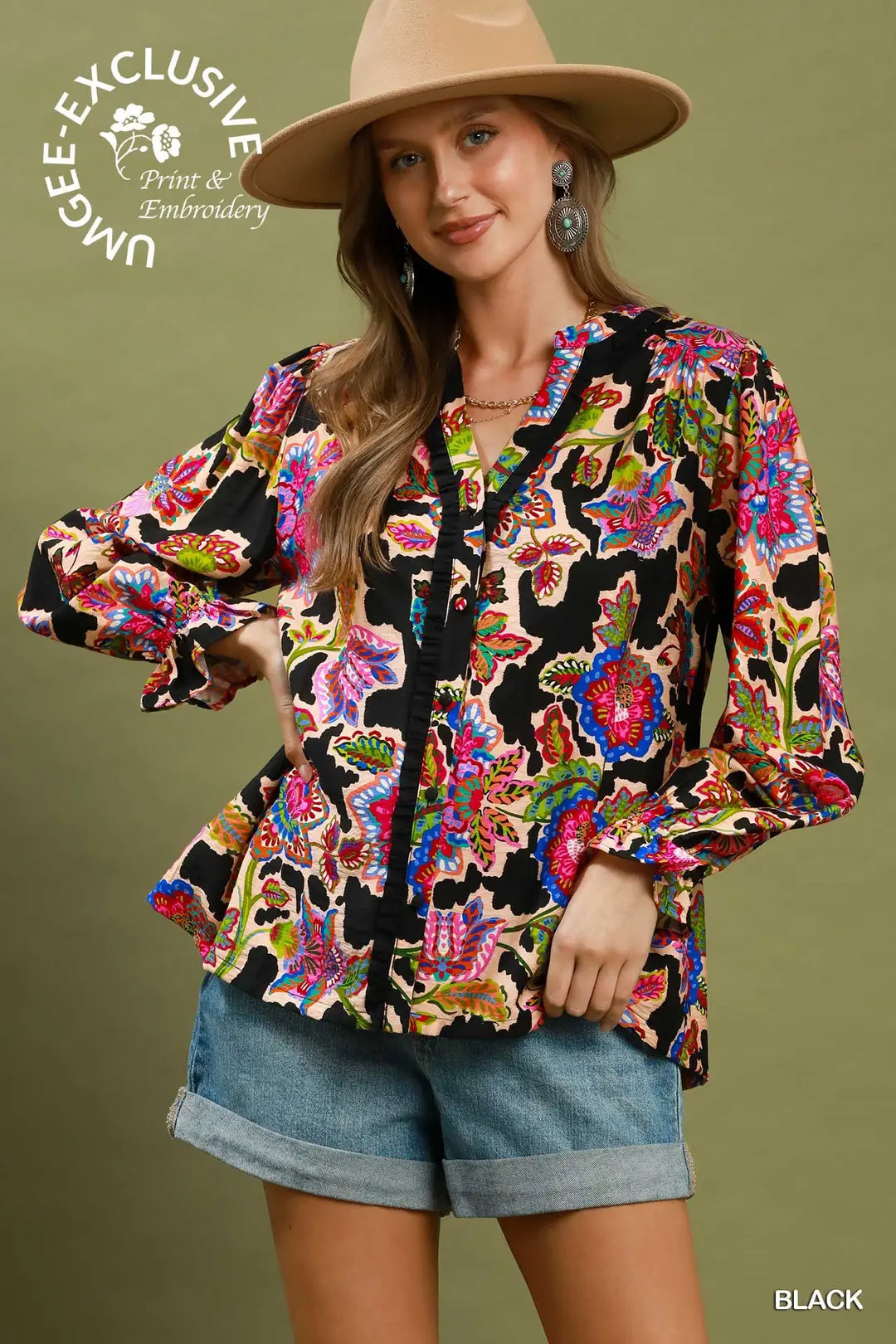 UMGEE Mixed Floral Print Button Down Top In Black