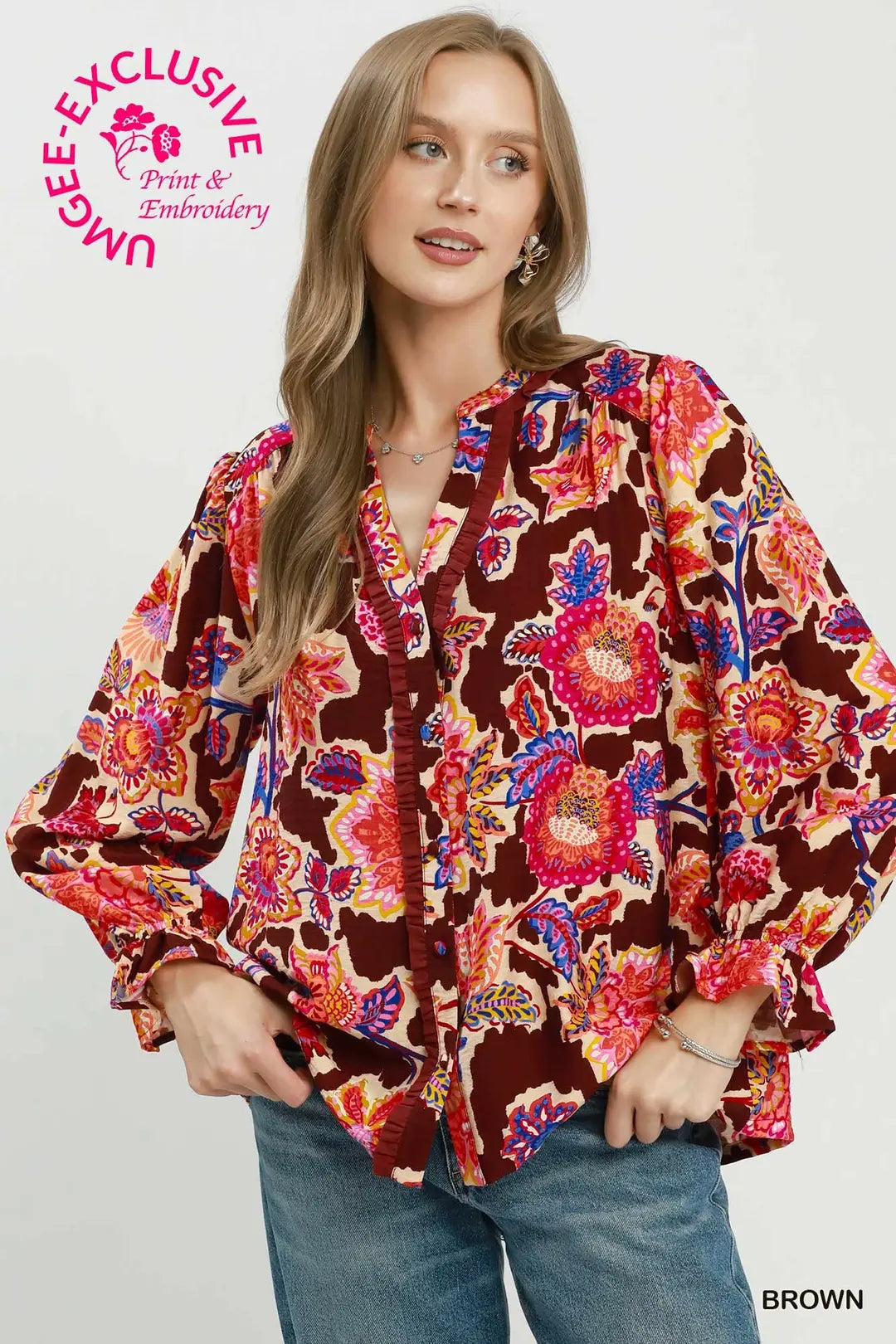 UMGEE Mixed Floral Print Button Down Top In Brown