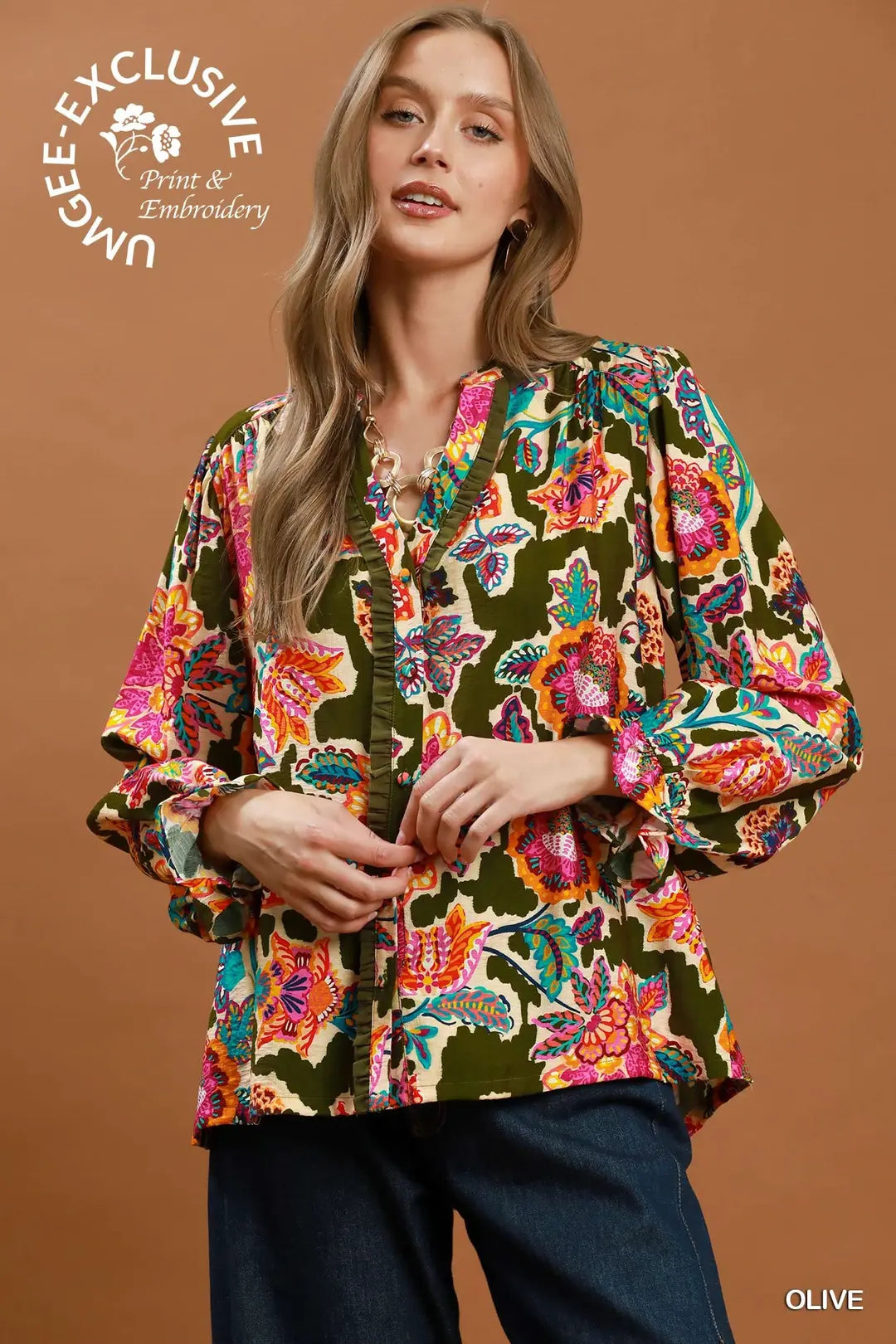 UMGEE Mixed Floral Print Button Down Top In Olive