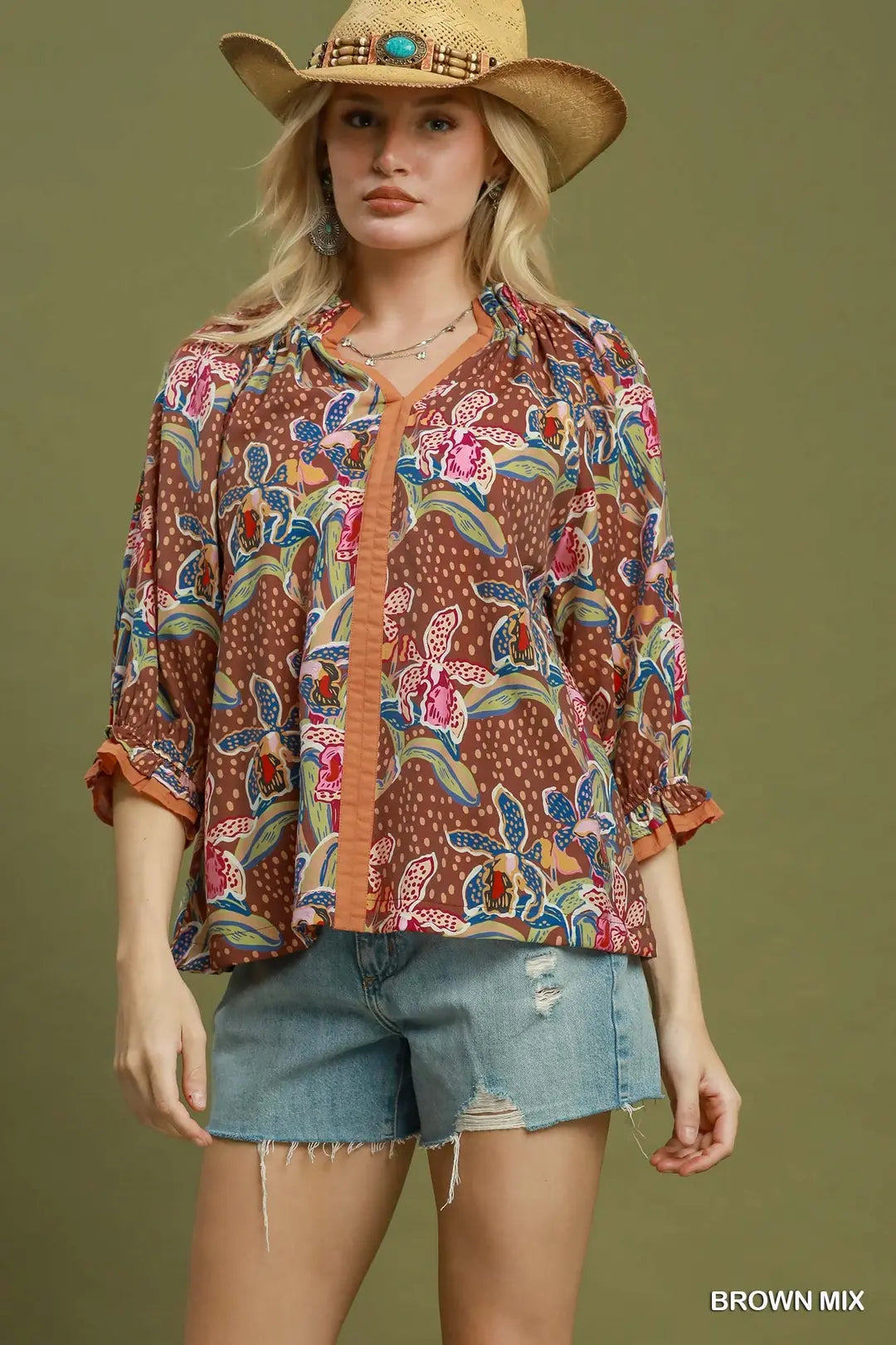 UMGEE Mixed Floral Print Contrast Trim Top In Brown