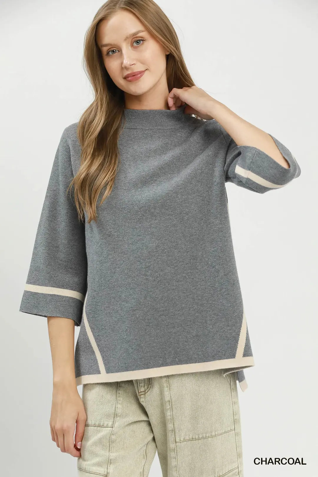 UMGEE Mock Neck Contrast Trim Short Sleeve Sweater Top In Charcoal