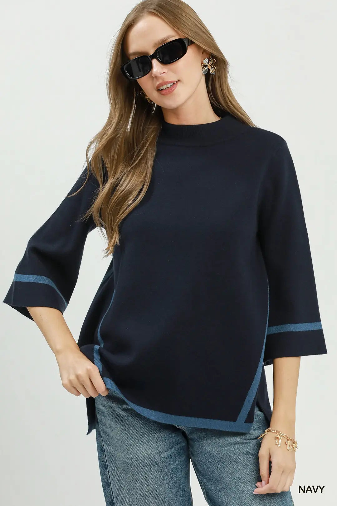 UMGEE Mock Neck Contrast Trim Short Sleeve Sweater Top In Navy *COMING SOON*