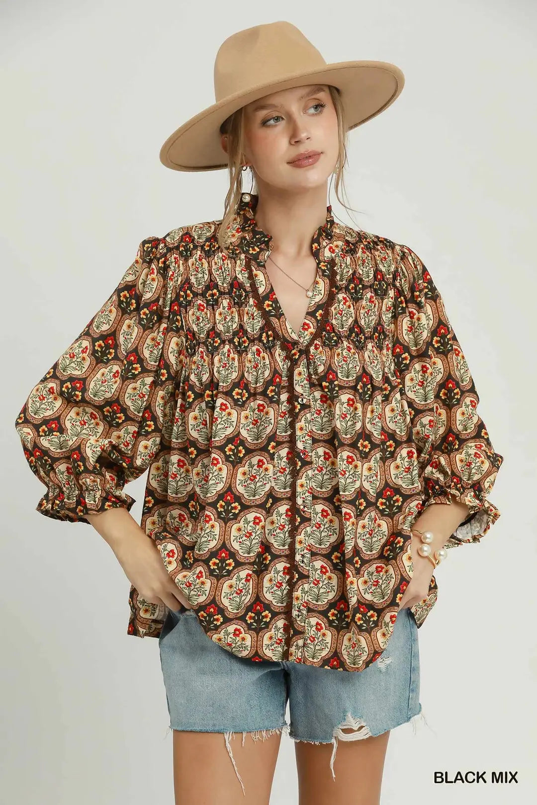 UMGEE Boho Floral Medallion Print Split Neck Top In Black *COMING SOON*