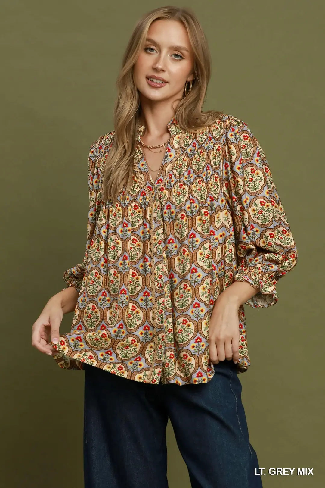 UMGEE Boho Floral Medallion Print Split Neck Top In Grey *COMING SOON*