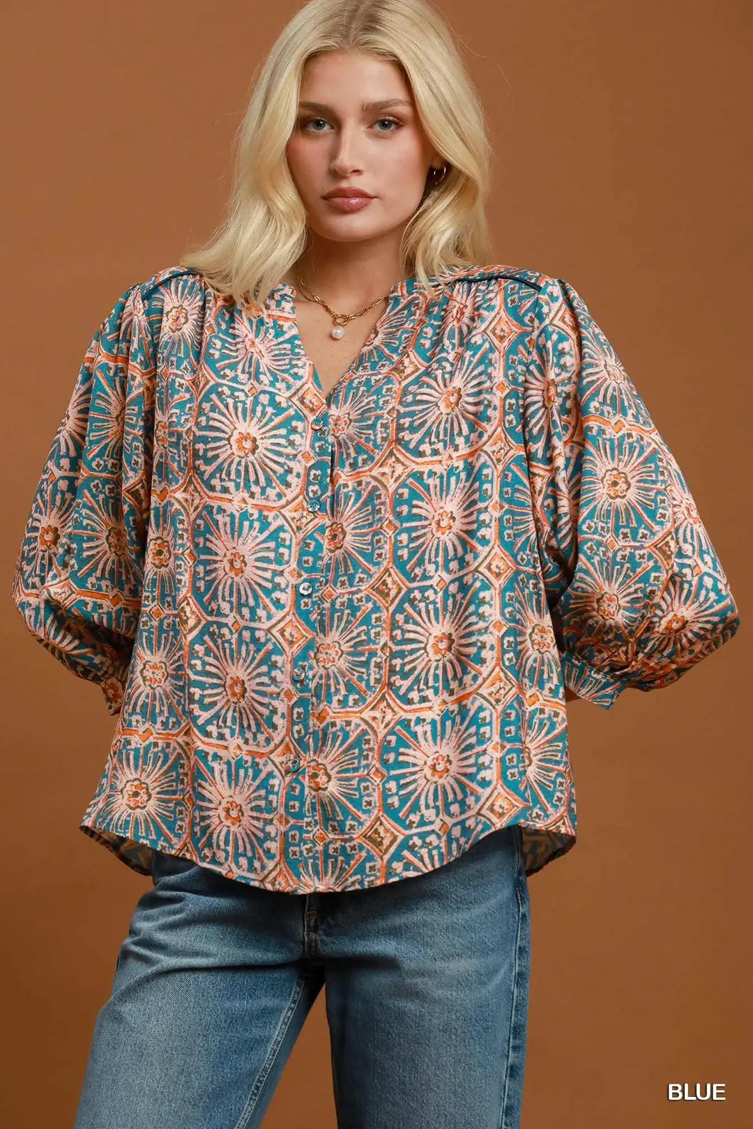 UMGEE Abstract Print Button Front Top In Blue