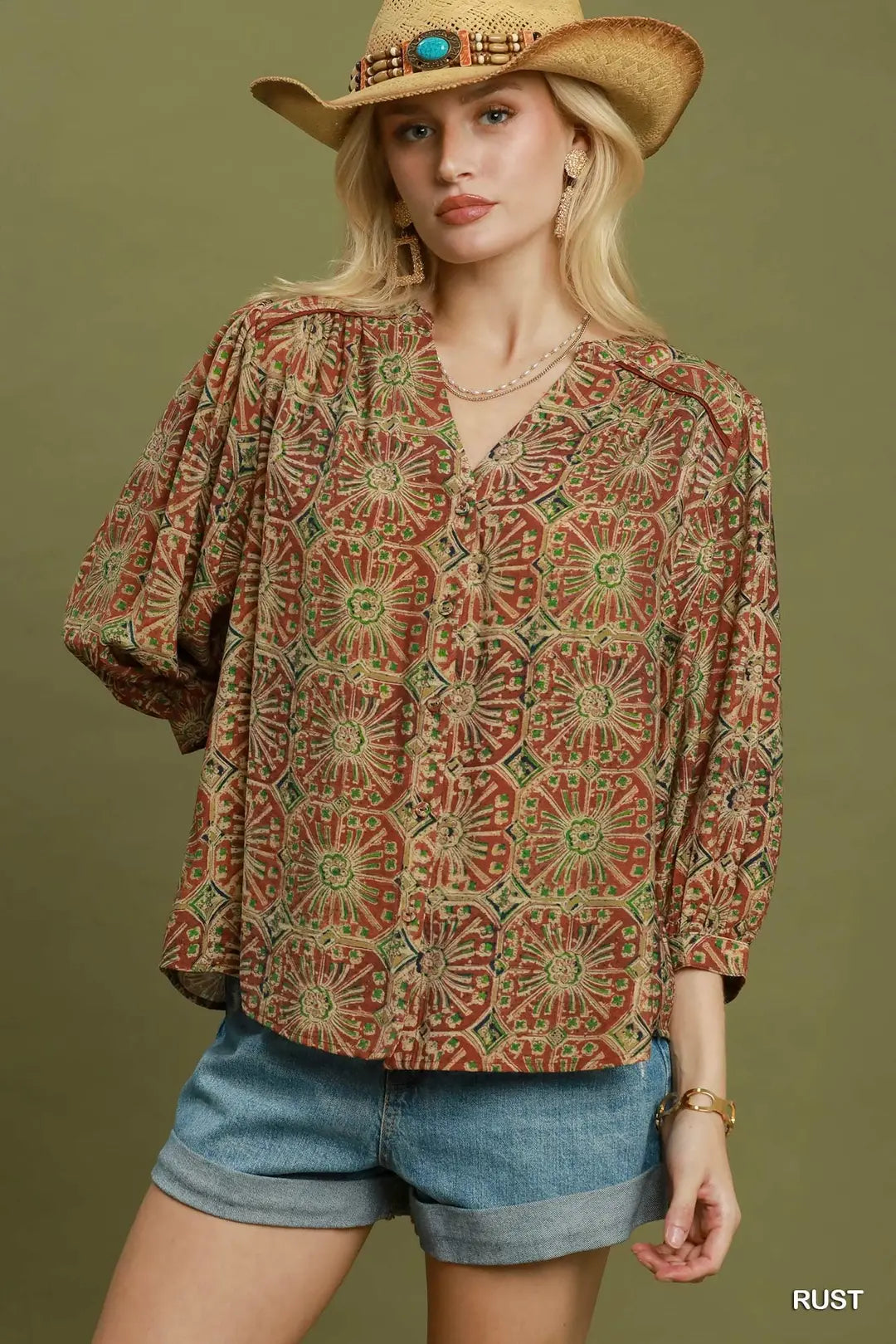 UMGEE Abstract Print Button Front Top In Rust *COMING SOON*