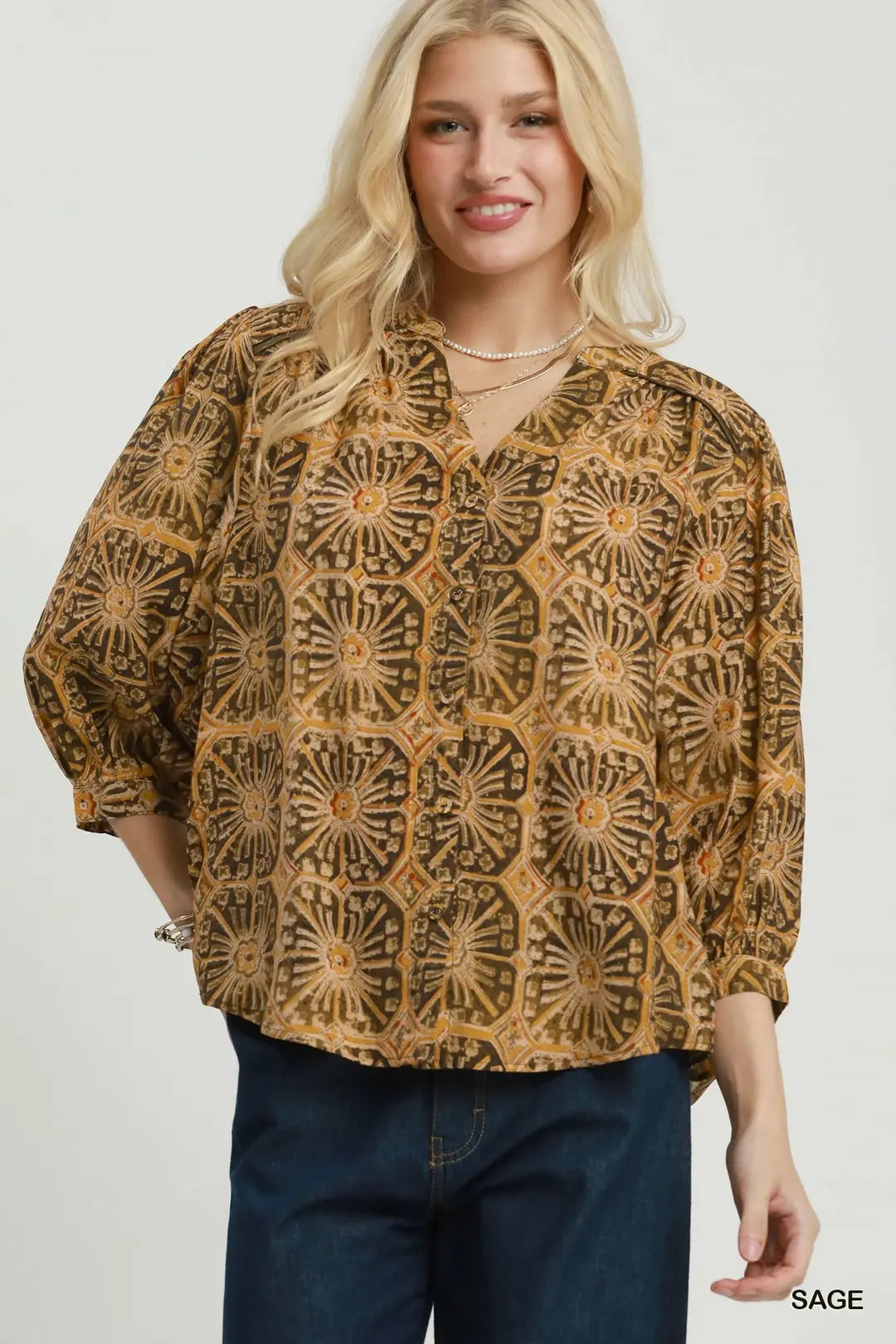 UMGEE Abstract Print Button Front Top In Sage *COMING SOON*