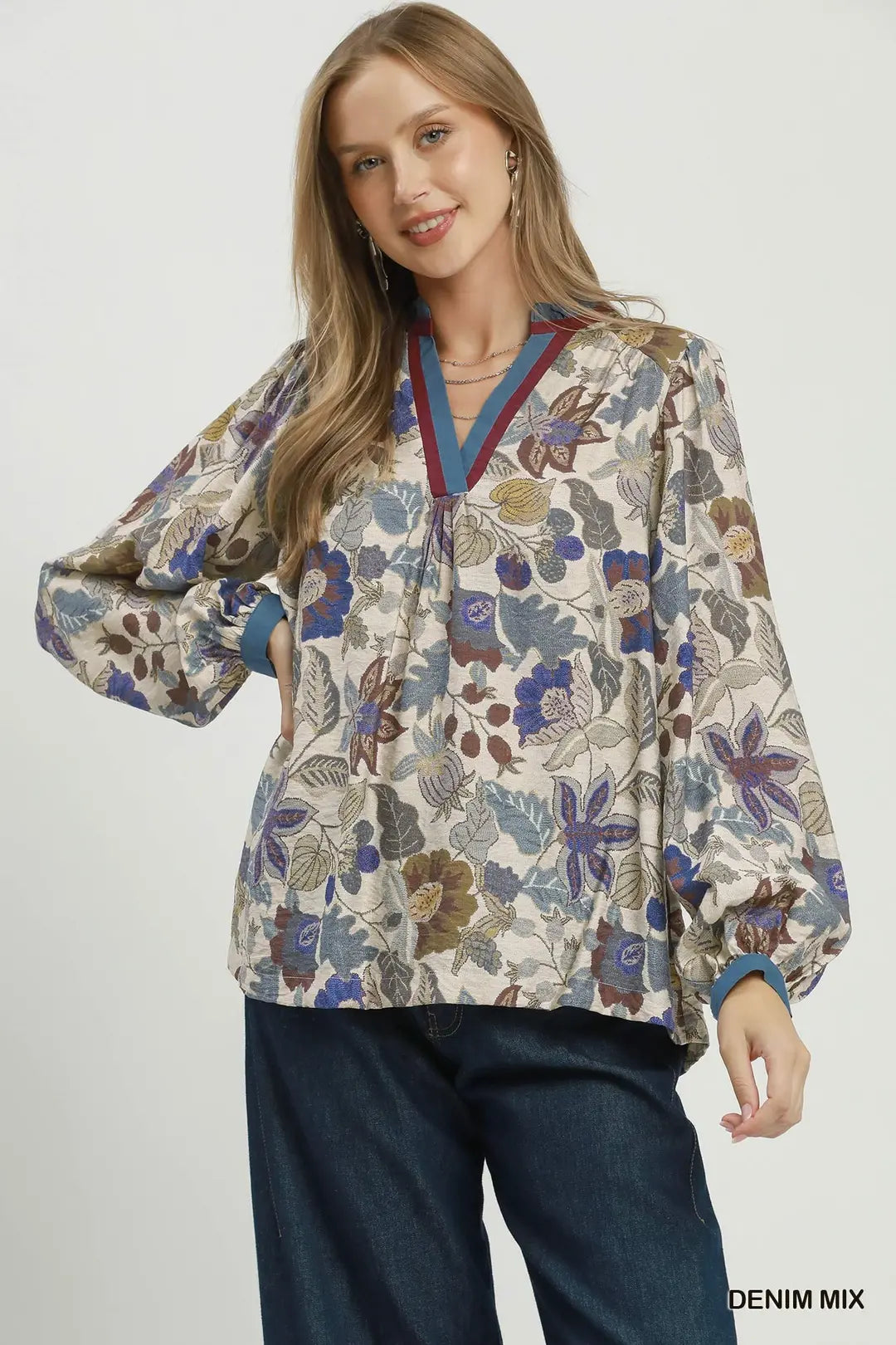 UMGEE Floral Contrast Trim Long Sleeve Top In Denim Mix *COMING SOON*