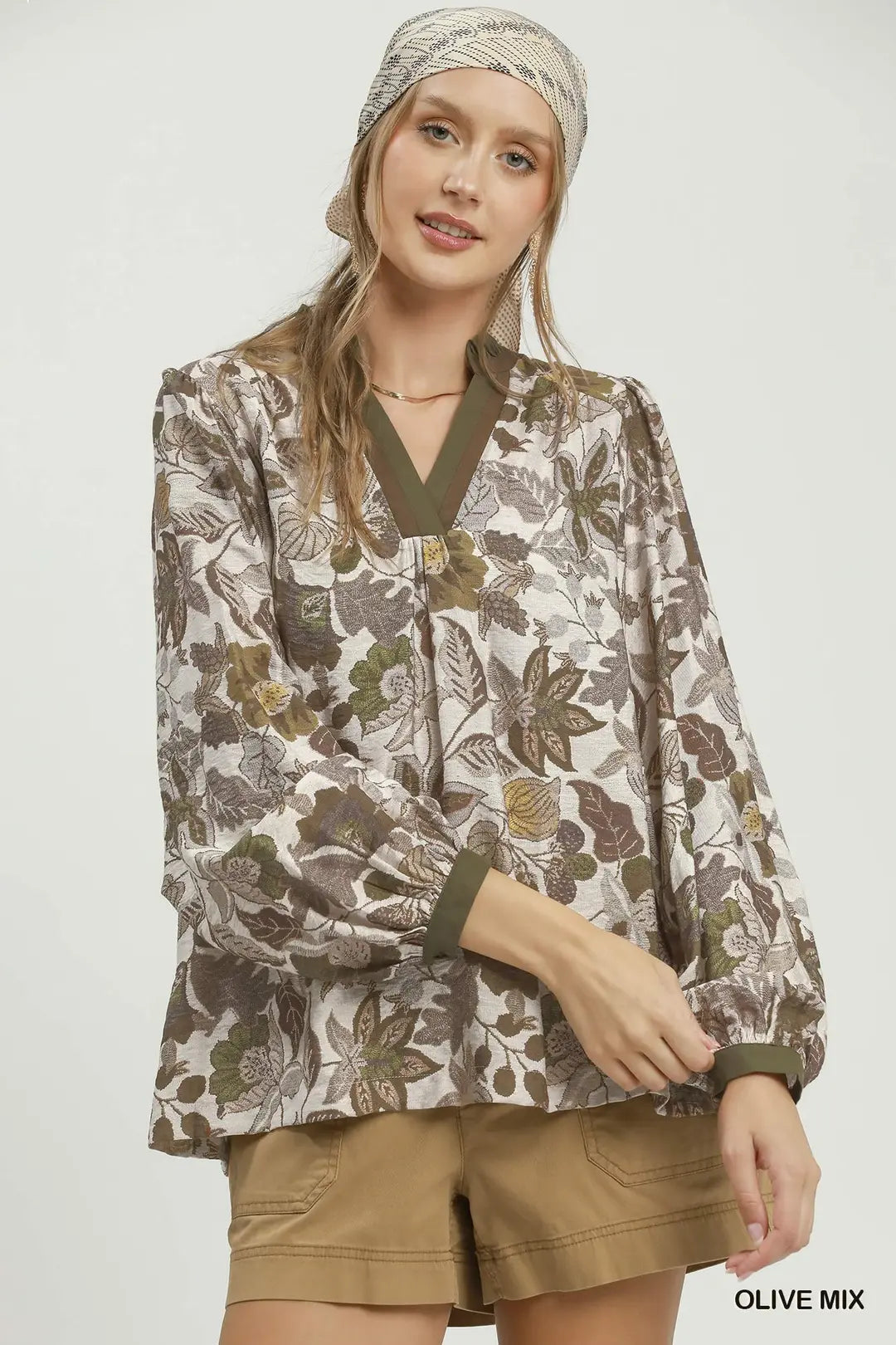 UMGEE Floral Contrast Trim Long Sleeve Top In Olive Mix *COMING SOON*