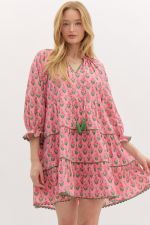 ENTRO Floral Print 3/4 Sleeve Mini Dress