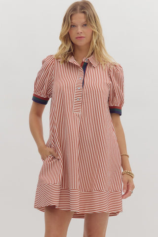 ENTRO Striped Swing Shirt Dress In Brick
