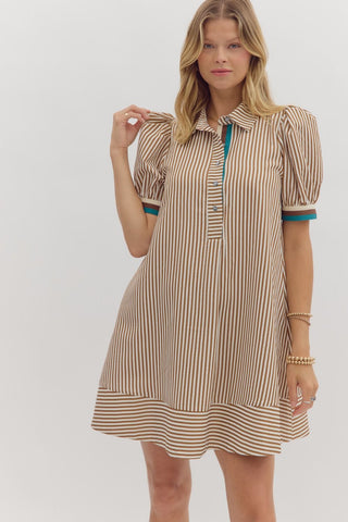 ENTRO Striped Swing Shirt Dress In Caramel