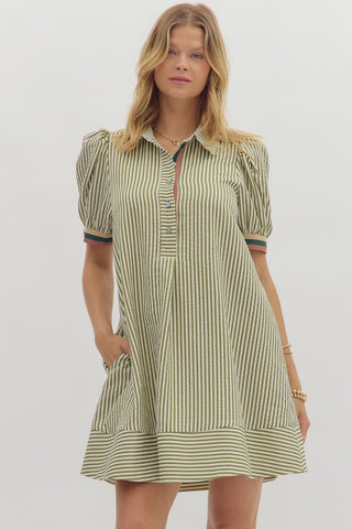 ENTRO Striped Swing Shirt Dress In Olive