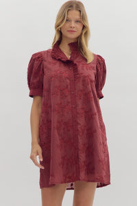 Entro Floral 3D Applique Button Down Mini Dress In Burgundy *COMING SOON*