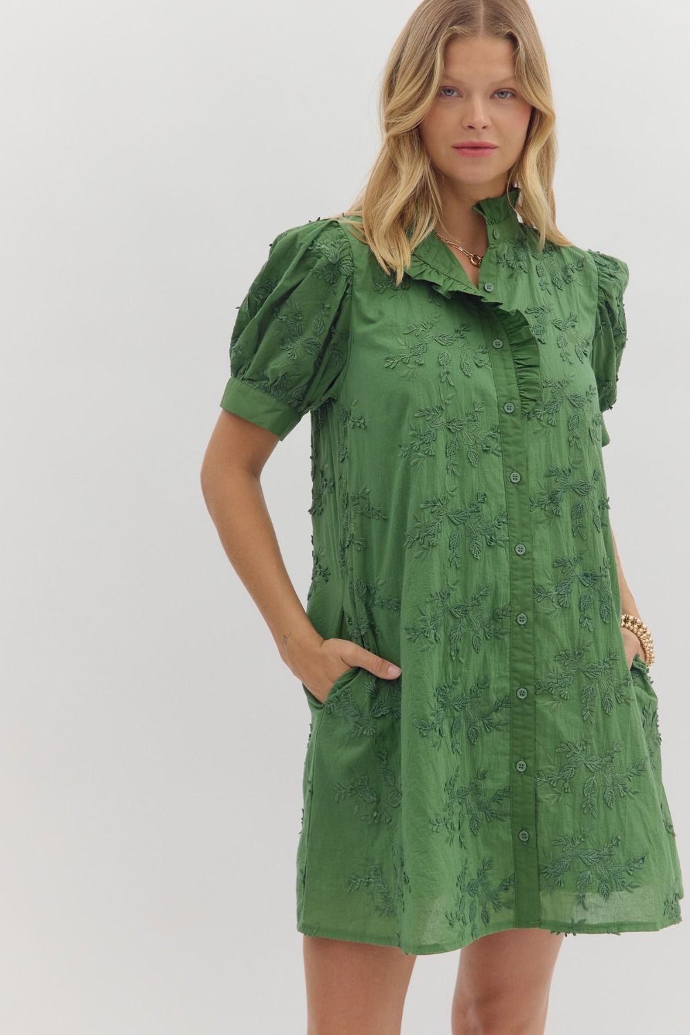 Entro Floral 3D Applique Button Down Mini Dress In Forest *COMING SOON*