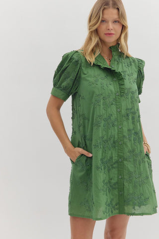 Entro Floral 3D Applique Button Down Mini Dress In Forest *COMING SOON*