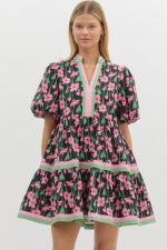 Entro Floral Print Bubble Sleeve Mini Dress In Black