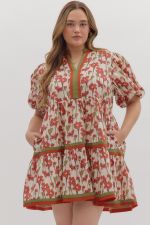 ENTRO Floral Bubble Sleeve Tiered Mini Dress In Rust IN PLUS Sizes *COMING SOON*