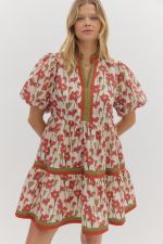 ENTRO Bubble Sleeve Pullover Tiered Mini Dress In Rust