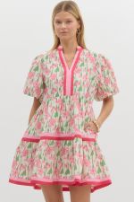 ENTRO Floral Bubble Sleeve Mini Dress