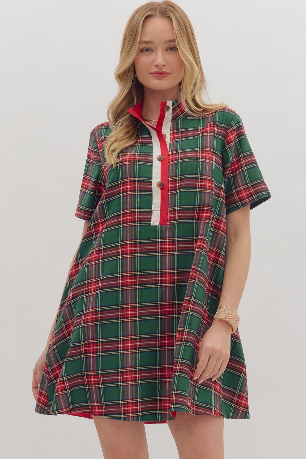Entro Plaid Short Sleeve Mini Dress In Green *COMING SOON*