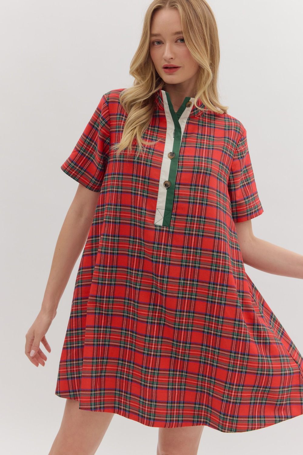 Entro Plaid Short Sleeve Mini Dress In Red *COMING SOON*