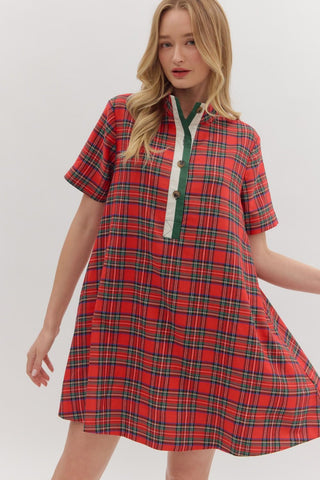 Entro Plaid Short Sleeve Mini Dress In Red *COMING SOON*
