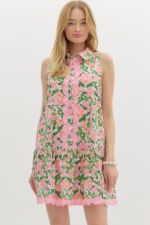 ENTRO Floral Print Shirt Collar Sleeveless Ruffle Dress In Pink *COMING SOON*