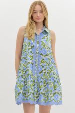 ENTRO Floral Print Shirt Collar Sleeveless Ruffle Dress In Blue *COMING SOON*