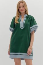 ENTRO Lantern Sleeve Mini Dress In Hunter Green