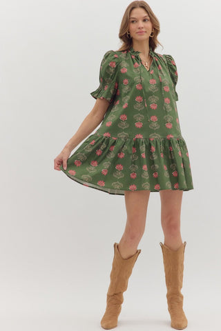 Entro Floral Smocked Finish Puff Sleeve Mini Dress In Olive *COMING SOON*