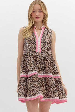 Entro Leopard Print Midi Dress With Pink Trim