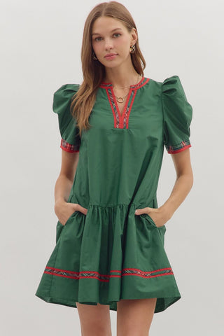 Entro Solid Puff Sleeve Mini Dress With Plaid Accent Band In Green *COMING SOON*