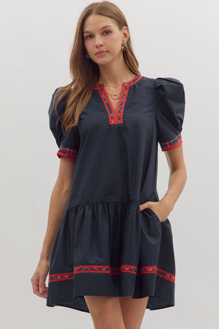 Entro Solid Puff Sleeve Mini Dress With Plaid Accent Band In Navy *COMING SOON*