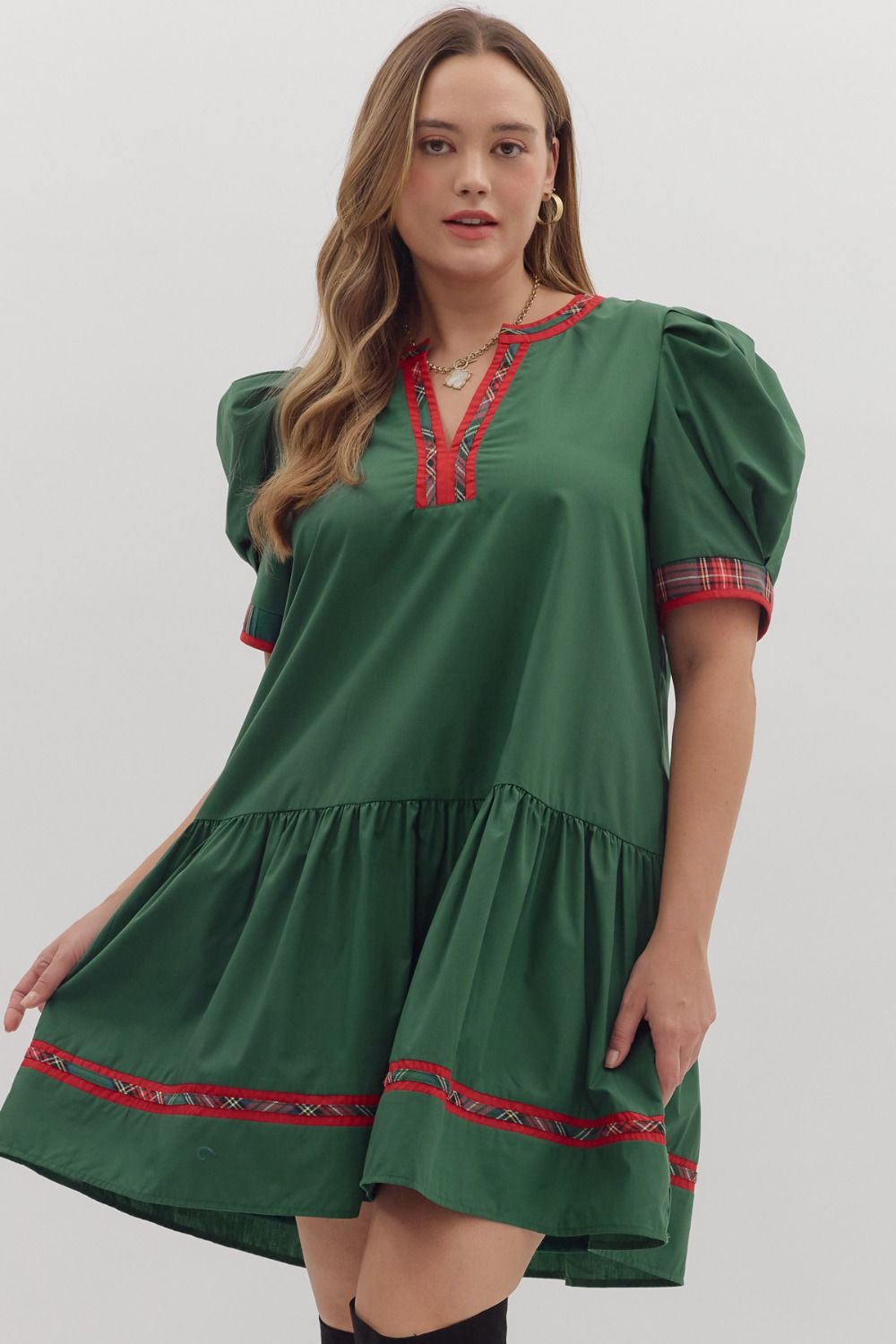 Entro Puff Sleeve Mini Dress With Plaid Trim In Green PLUS Sizes  *COMING SOON*