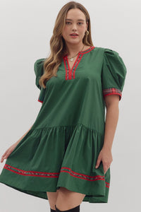 Entro Puff Sleeve Mini Dress With Plaid Trim In Green PLUS Sizes  *COMING SOON*