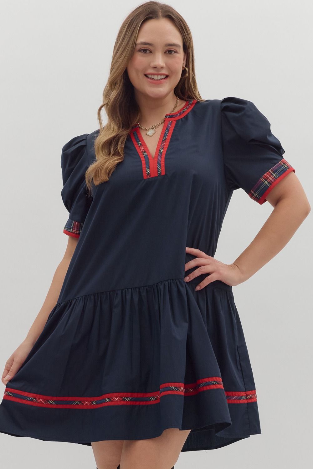 Entro Puff Sleeve Mini Dress With Plaid Trim In Navy PLUS Sizes  *COMING SOON*