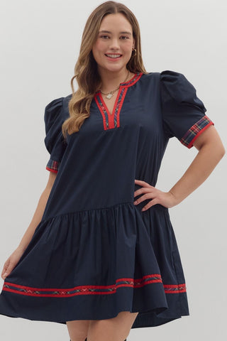 Entro Puff Sleeve Mini Dress With Plaid Trim In Navy PLUS Sizes  *COMING SOON*