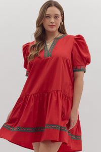 Entro Puff Sleeve Mini Dress With Plaid Trim In Red PLUS Sizes  *COMING SOON*